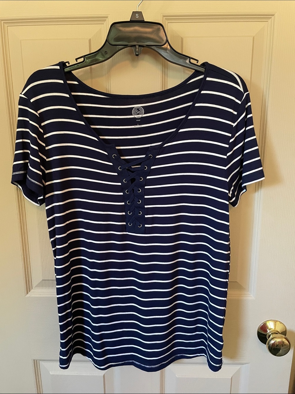 SO Navy and White Striped Lace-Up Short Sleeve Tee - Picture 1 of 2